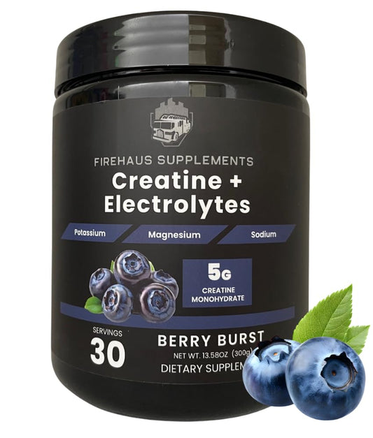 FireHaus Creatine + Electrolytes bottle front with Berry Burst flavor and hydration focus.