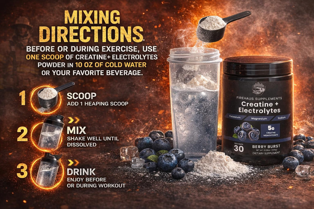 FireHaus Creatine + Electrolytes beside dumbbells for gym performance.