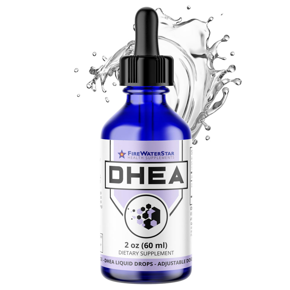 FireWATERSTAR DHEA liquid drops bottle showing premium 99% purity for balanced hormones.