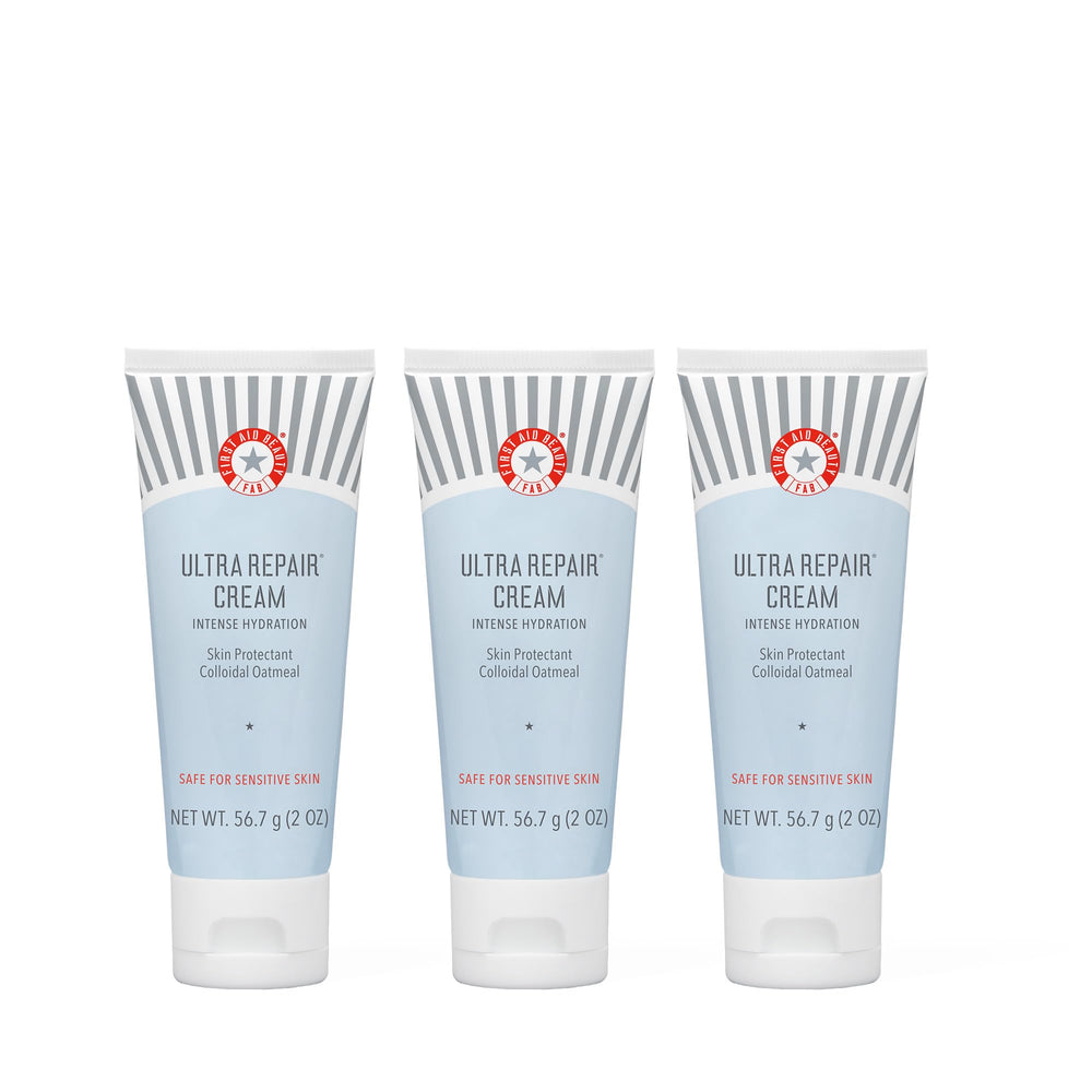 First Aid Beauty Ultra Repair Cream tub closeup shows rich, fast-absorbing hydration.
