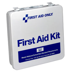 First Aid Only 50-Person Bus Kit case interior with labeled supplies for quick access.