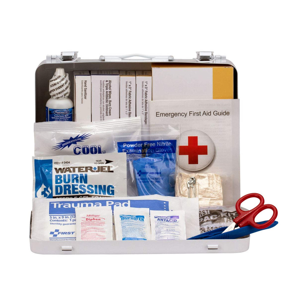 First Aid Only 90672 metal case keeps 114-piece kit organized for vehicles.