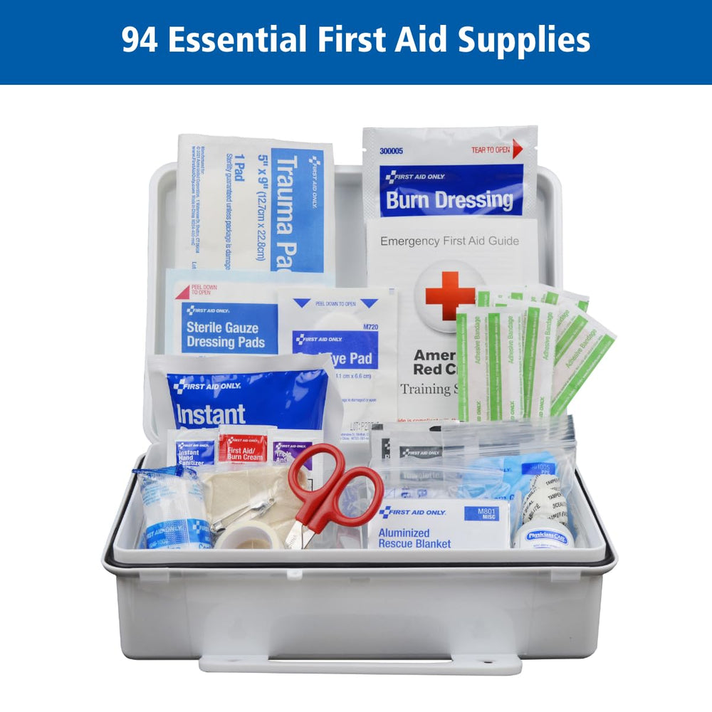 First Aid Only 91324 weatherproof case protects supplies.