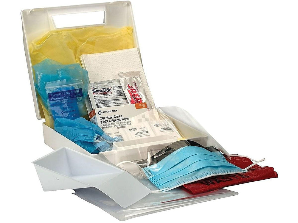 First Aid Only disposable gown and shoe covers provide PPE for cleanup.