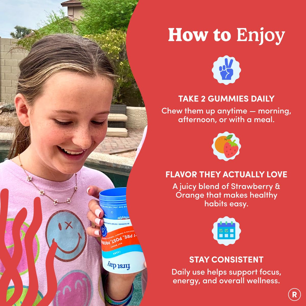 FIRST DAY daily teen routine gummies for easy incorporation into day.
