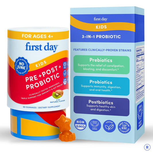 FIRST DAY Kids 3-in-1 gummies bottle supports daily gut balance