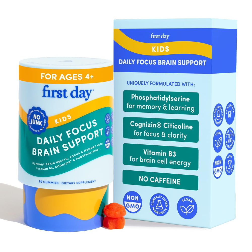 FIRST DAY Kids Focus Gummies bottle front view showing organic vegan formula for focus