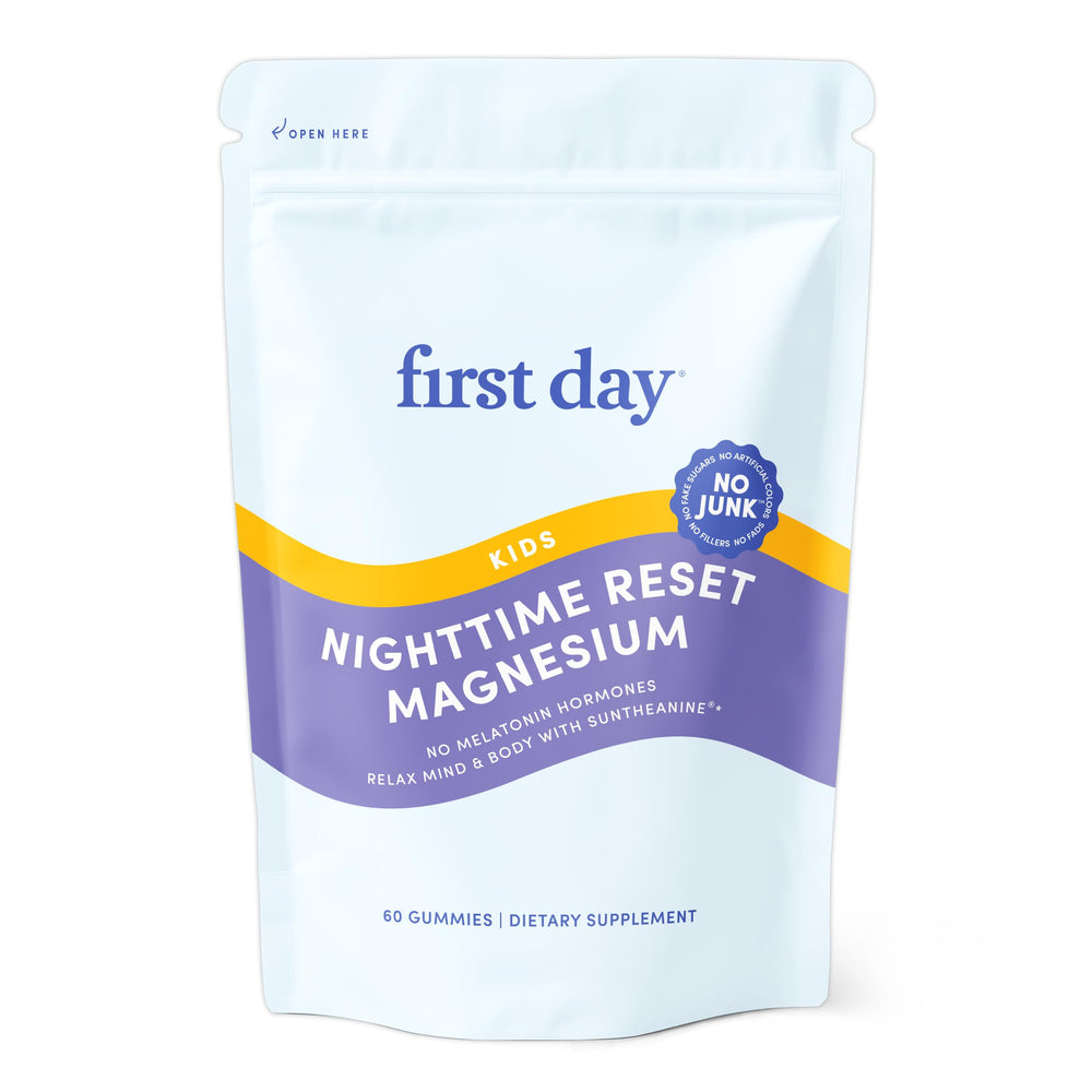 FIRST DAY Kids magnesium gummies bottle on nightstand supports calm bedtimes