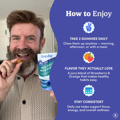 Gummies on white background conveying a calm, productive vibe