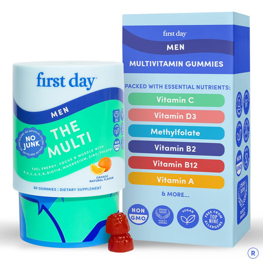 First Day men’s multivitamin bottle front promoting daily energy support