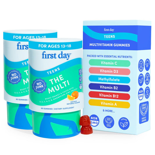 First Day teen multi gummies bottle showcases convenient daily vitamins for growing teens.