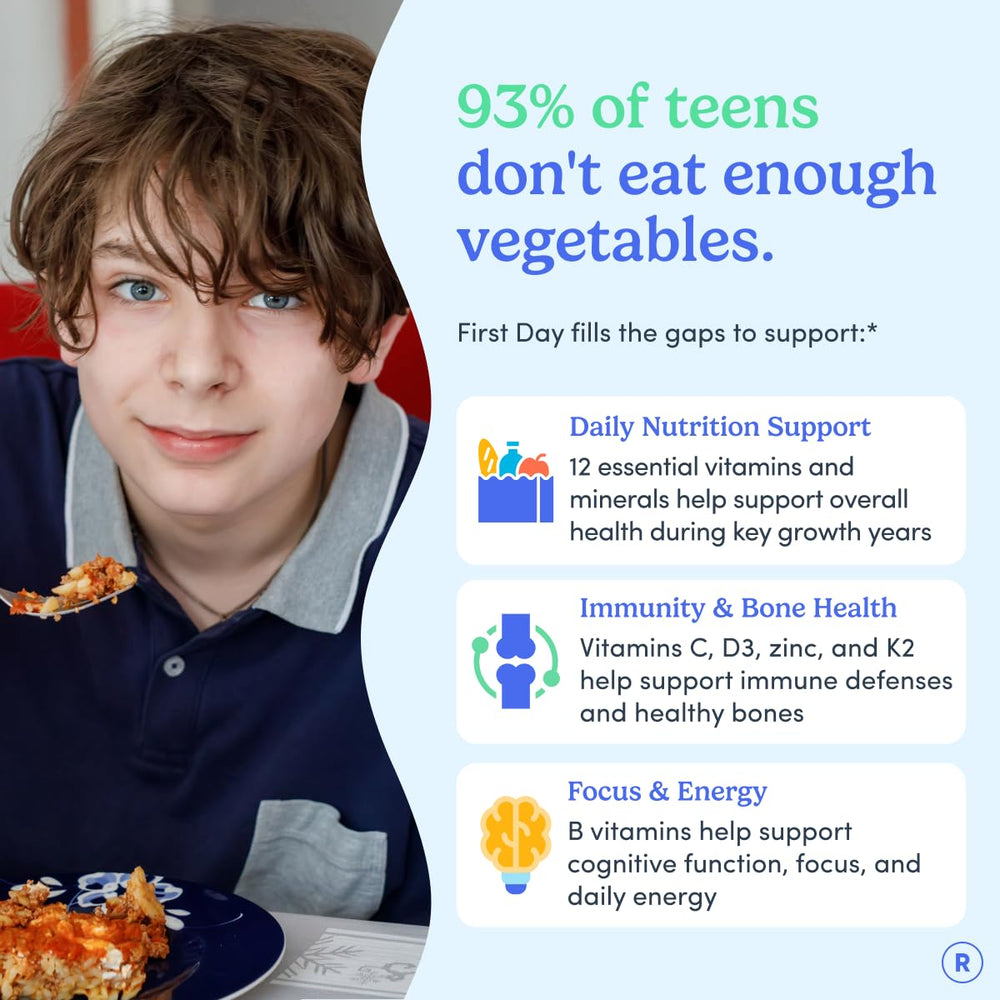 First Day Teens organic fruit and veggie blend label highlights real-food nutrition.