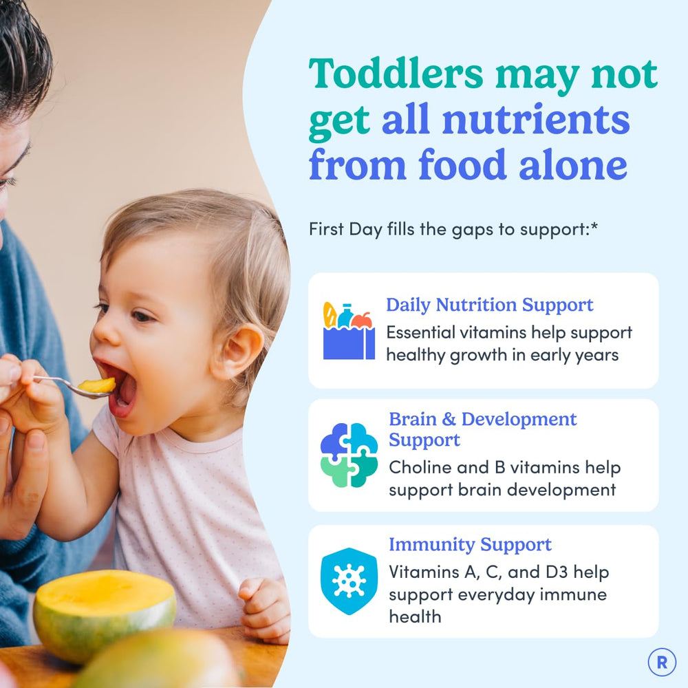 First Day Toddler Multivitamin Gummies bottle back shows ingredients and allergen information