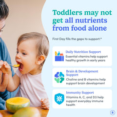 First Day Toddler Multivitamin Gummies bottle back shows ingredients and allergen information