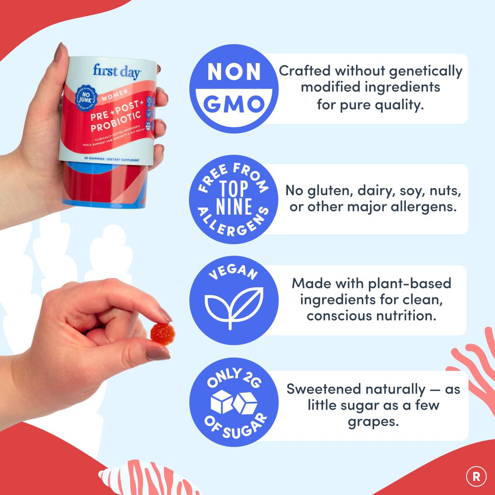 FIRST DAY vegan dairy-free gummies highlight allergen-friendly choice.
