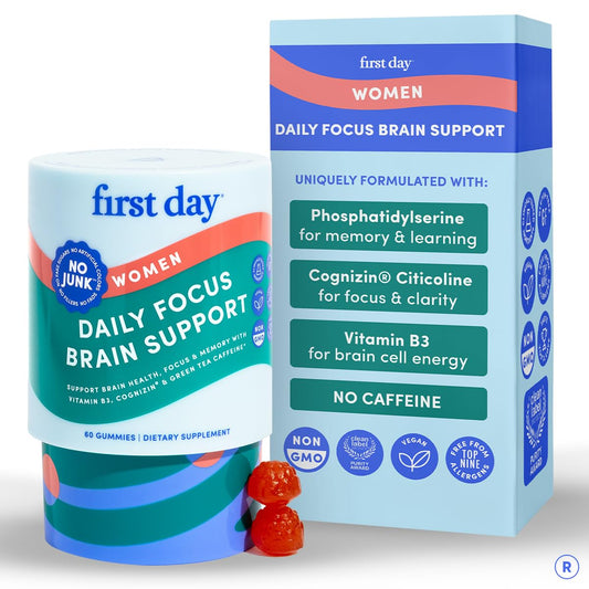 First Day Brain Gummies bottle close-up highlighting peach flavor and clean vegan formula for daytime focus.