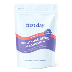 First Day Women's Nighttime Reset gummies bottle shows calm, sleep-friendly packaging.