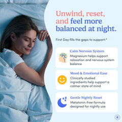 First Day Women's Nighttime Reset gummies label highlights magnesium and L-theanine for relaxation.