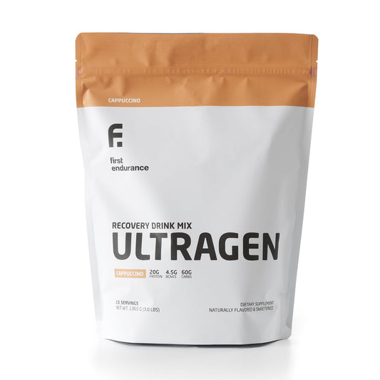 FIRST ENDURANCE Ultragen recovery drink powder cappuccino visual, post-workout refueling support