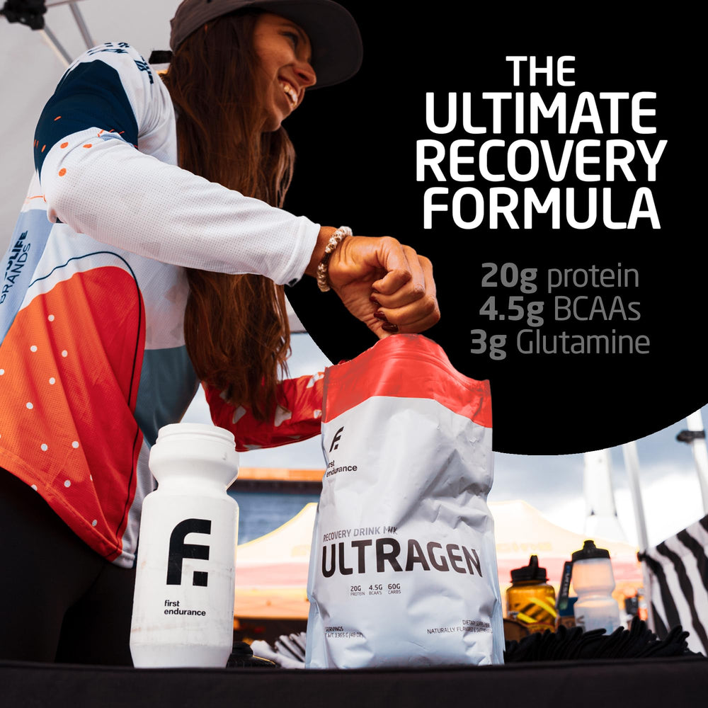 Recovery scene with Ultragen shake on a gym bench.
