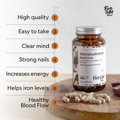 First Light liver capsules on a clean counter suggest convenient daily nutrition.