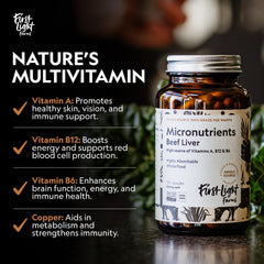 First Light Beef Liver Capsules packaging highlights grass-fed sourcing and humane methods.