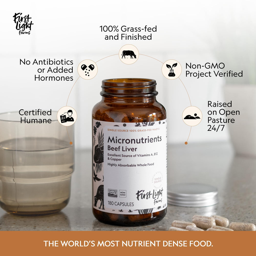 First Light nutrition label emphasizes vitamins A and B12 for daily wellness.