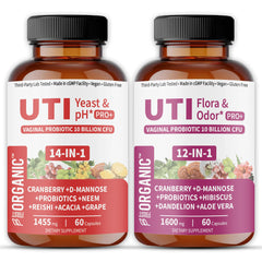 FIRSTORGANIC UTI Flora & Odor Pro+ cranberry and D-Mannose capsules for daily balance.