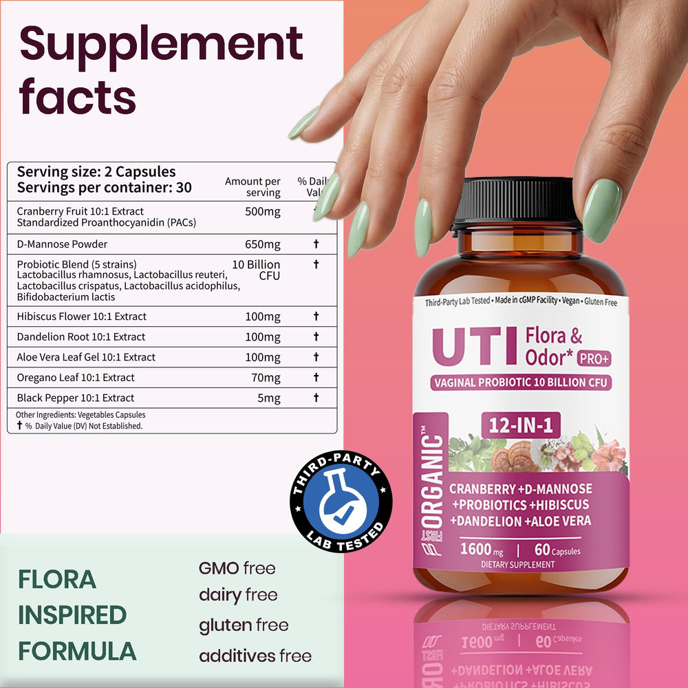 FIRSTORGANIC UTI Flora & Odor Pro+ vaginal probiotics (10 Billion CFUs) for resilient wellness.