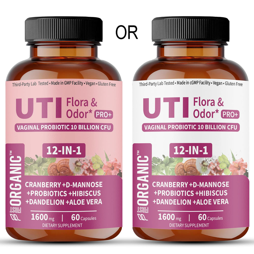 FIRSTORGANIC UTI Yeast & pH Pro+ Aloe Vera and Oregano for soothing support.