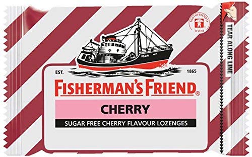 Fisherman's Friend cherry sugar-free lozenges pack six for convenient, on-the-go use.