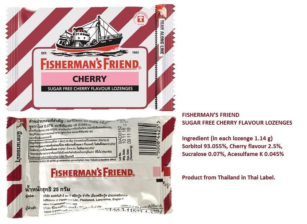 On-the-go Fisherman's Friend cherry sugar-free lozenges in a reclosable bag for quick relief.