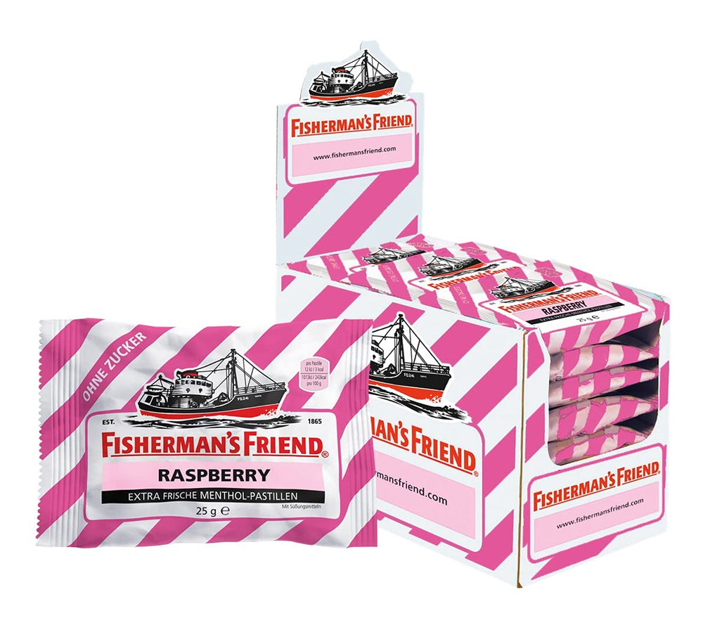 Fisherman's Friend Raspberry Sugar Free pack front for on-the-go refreshment.