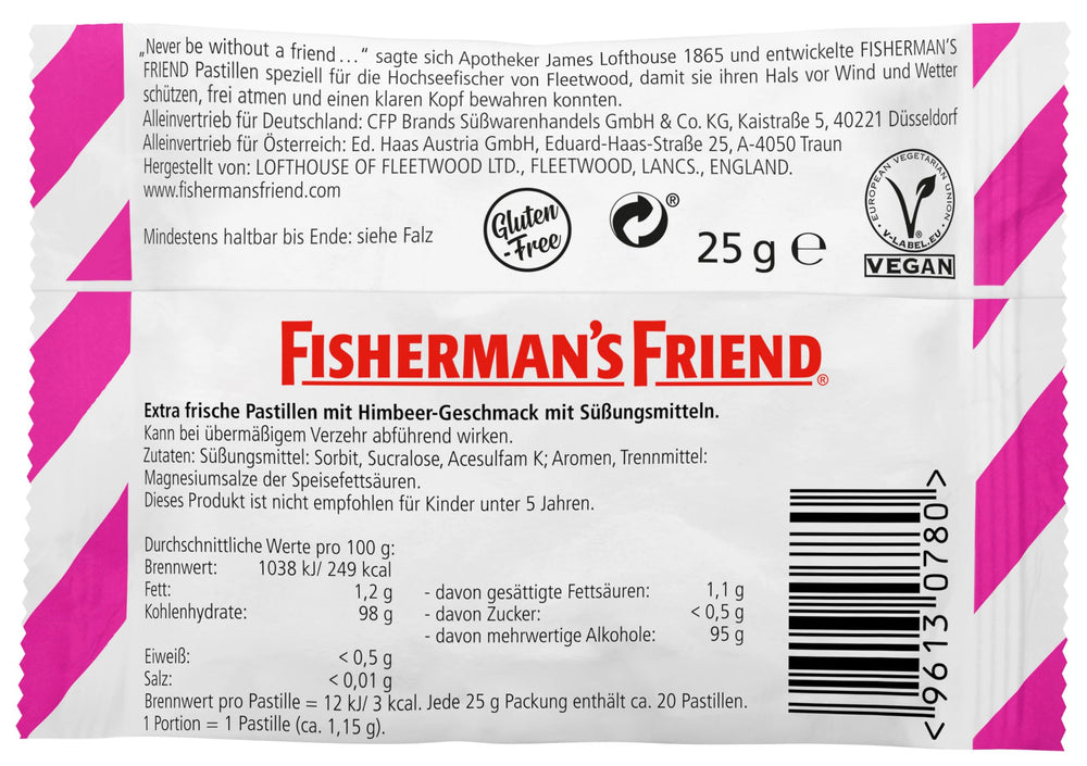 Fisherman's Friend Raspberry Sugar Free label with raspberry color accents.