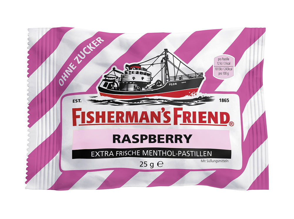 Close-up of Fisherman's Friend Raspberry Sugar Free lozenges in hand.