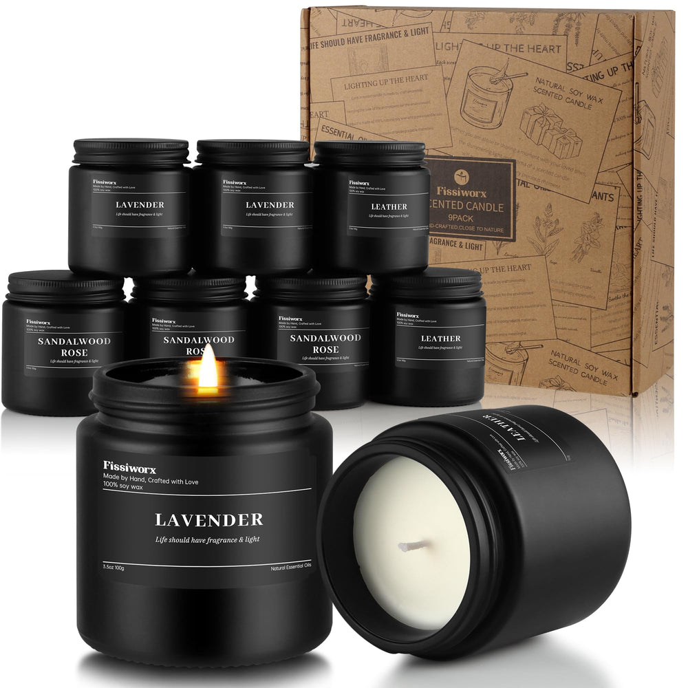Fissiworx lavender candle in black jar for calming atmosphere and fresh scent