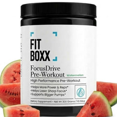 Fit Boxx FocusDrive Watermelon pre-workout bottle and scoop for clean energy