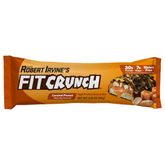 Fit Crunch caramel peanut bar cross-section shows layers and chewy texture.