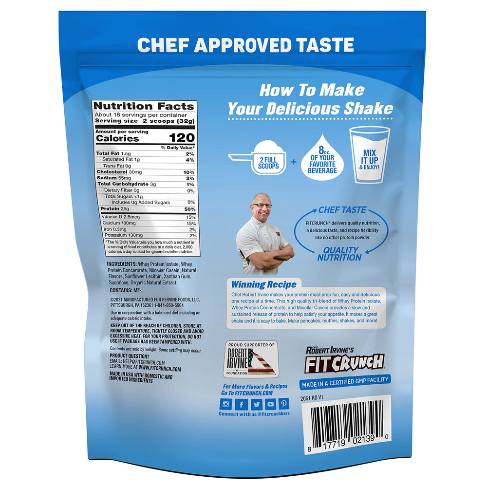 Close-up of Fit Crunch Tri-Blend Whey Protein ingredients with micellar casein detail