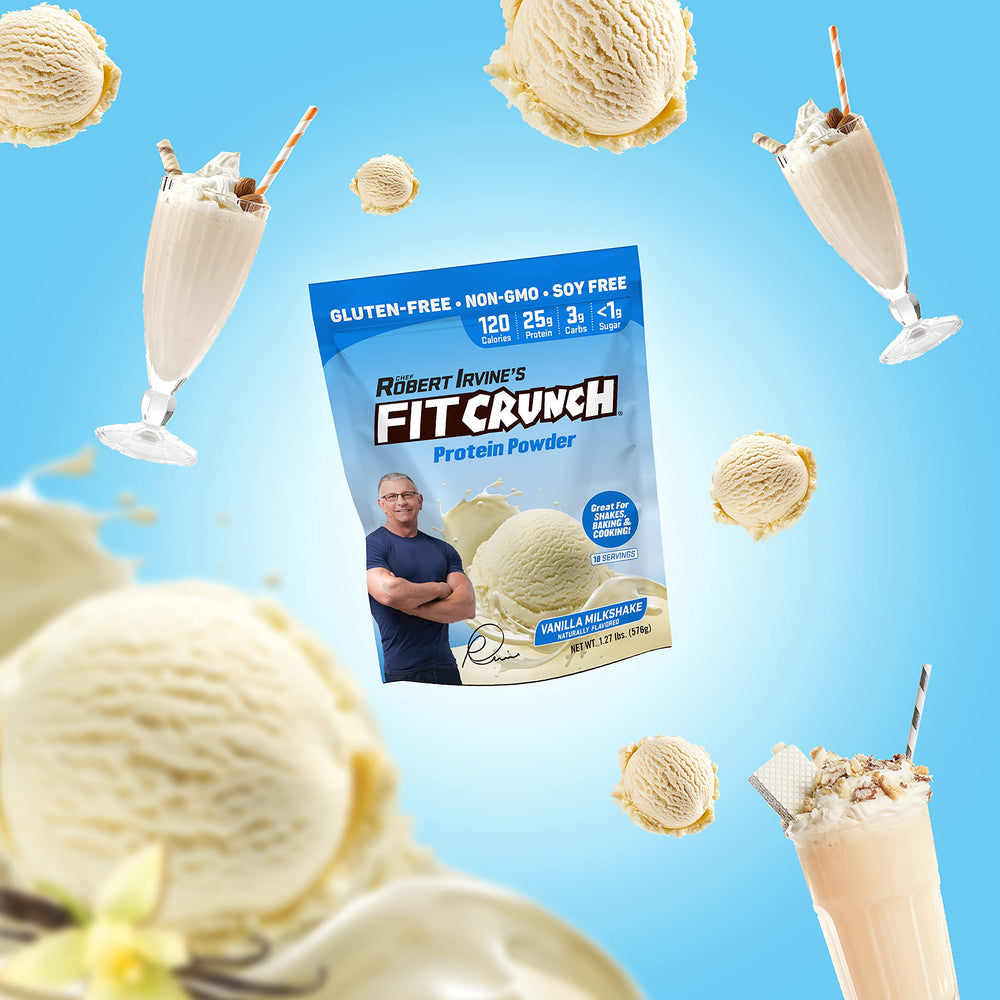 Front view of Fit Crunch Tri-Blend Whey Protein packaging highlighting keto and gluten-free features