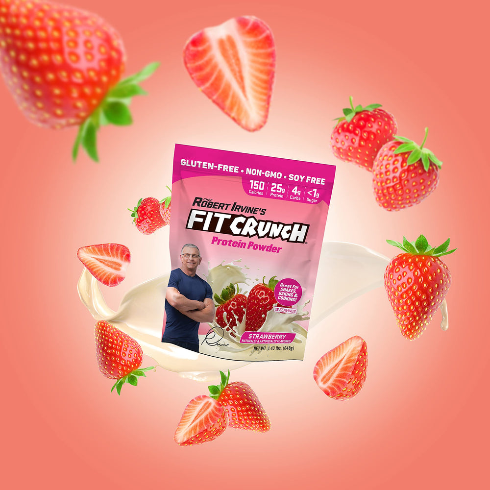 Fit Crunch label close-up highlighting quality blend and micellar casein benefits.