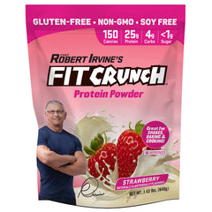 Fit Crunch Tri-Blend Whey Protein strawberry tub offers a creamy shake experience.