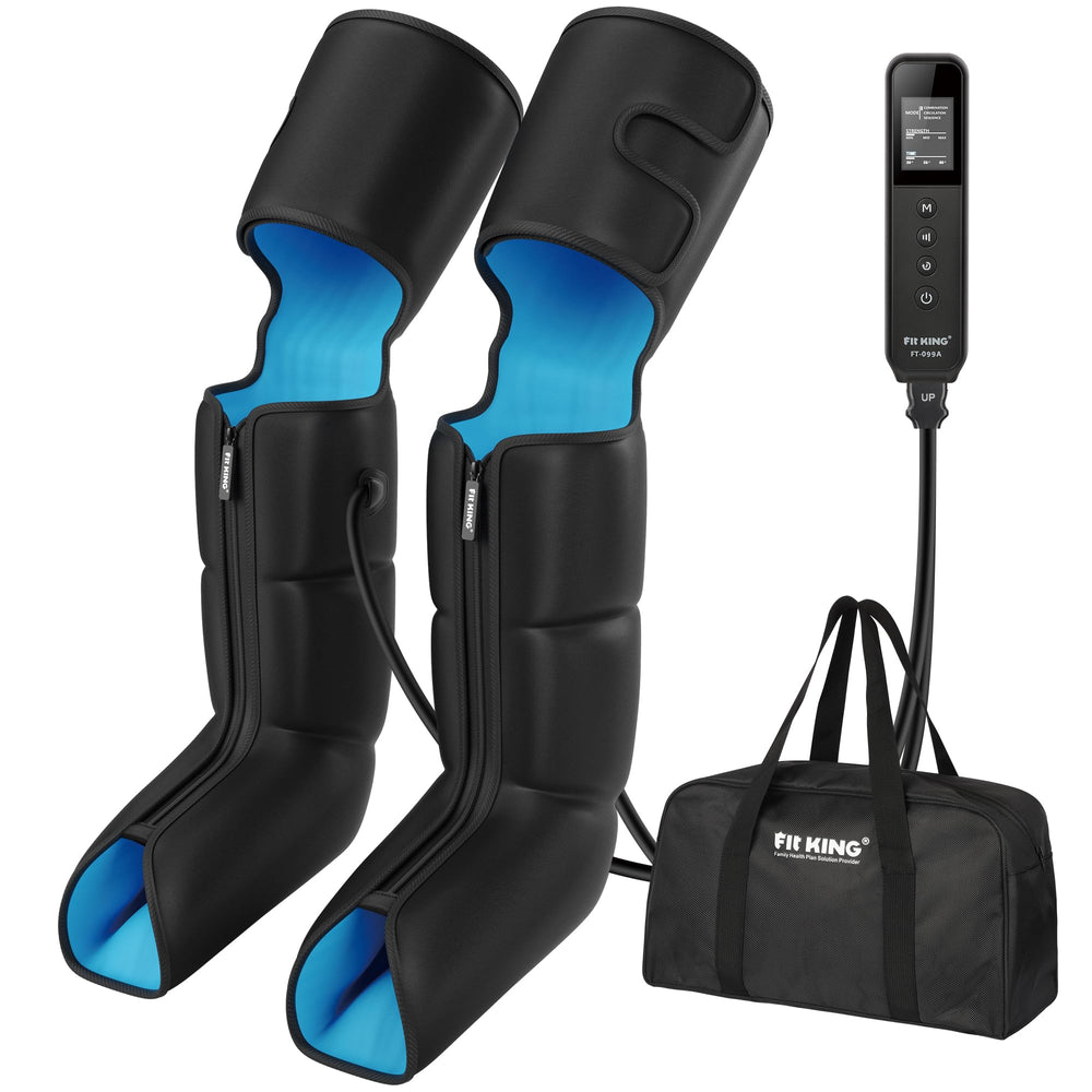 Fit King air compression boots on legs deliver all-around massage for enhanced circulation.
