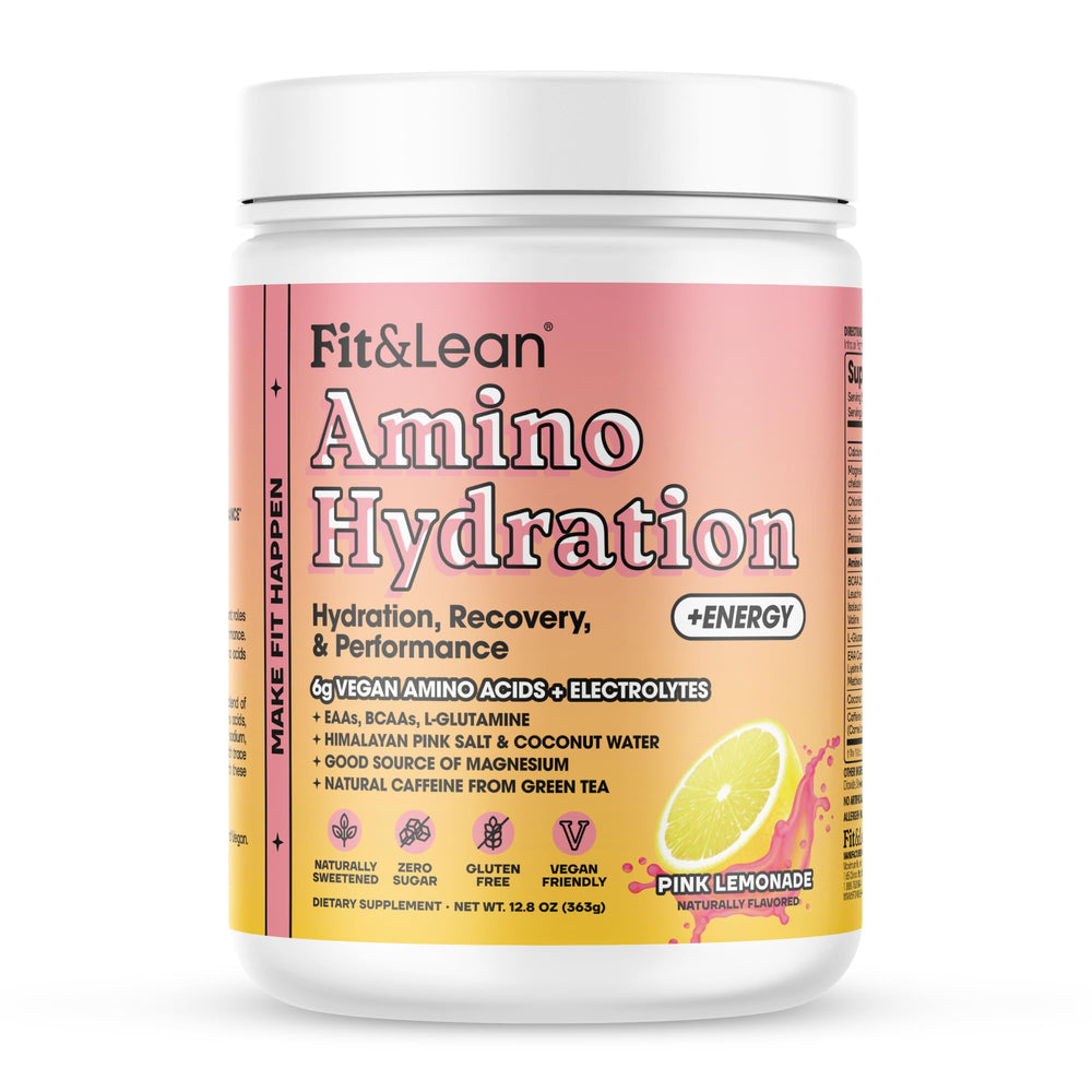 Fit & Lean Amino Hydration Plus Energy pink lemonade bottle pouring to hydrate during workouts