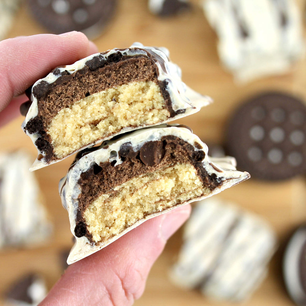 FITCRUNCH Milk & Cookies wrapped, convenient protein snack on the go.