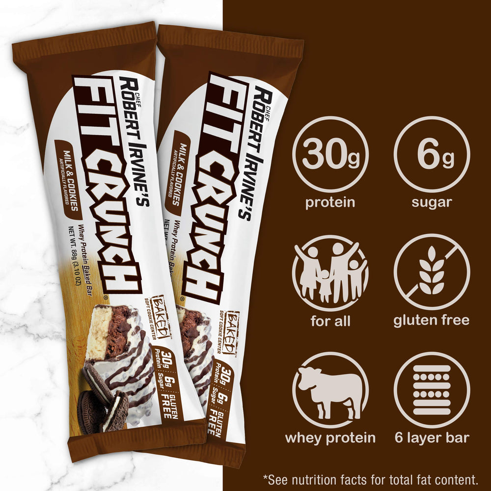 FITCRUNCH six-layer baked bar cross-section, rich texture for satisfying cravings.