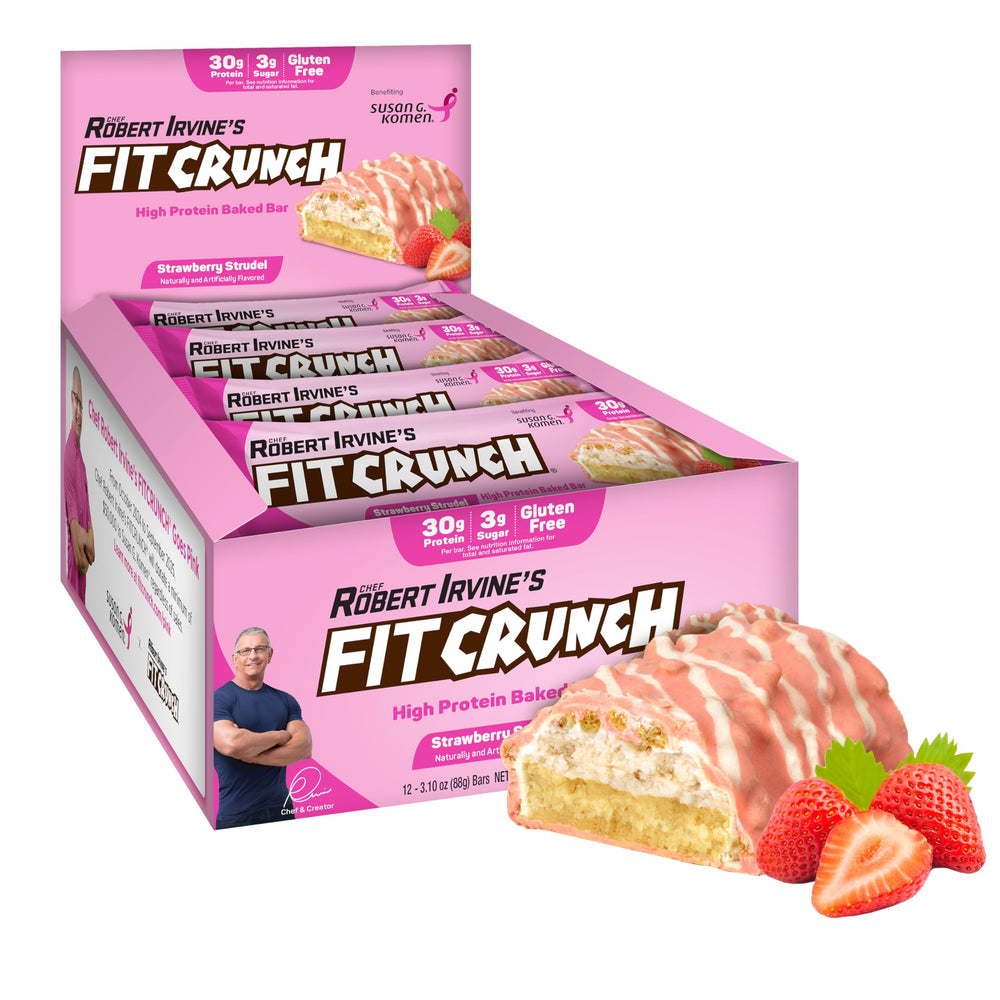 Fit Crunch strawberry strudel packaging highlights gluten-free protein snack for balanced nutrition.