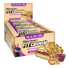 FITCRUNCH peanut butter jelly 6-layer bar slice — protein-packed snack for workouts.
