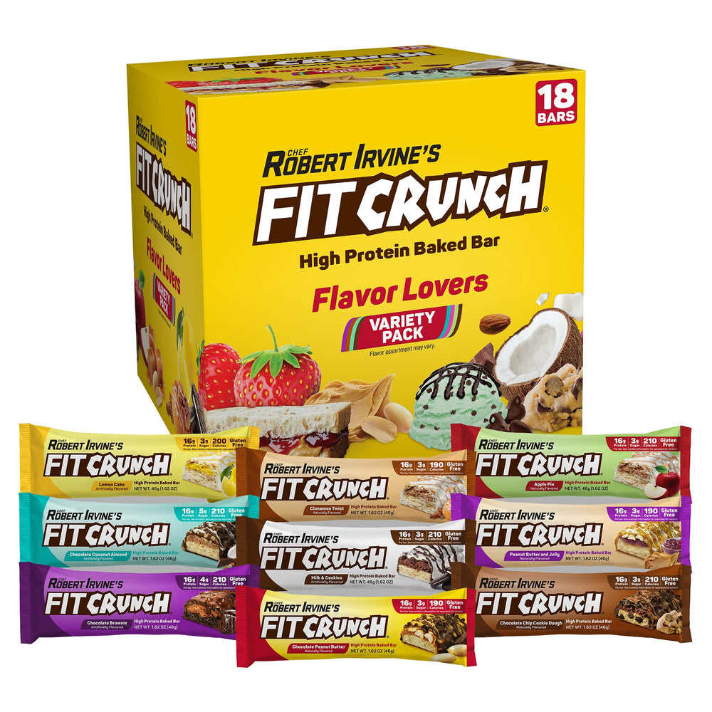 FITCRUNCH Snack Size Bars pack shot highlighting the 18-count box for on-the-go protein