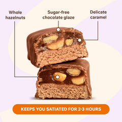 Close-up of chocolate-coated bar highlighting real hazelnuts and caramel flavor.